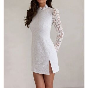 Park & Fifth White Mini Dress with Long Bishop Sleeves and High Slit for Bride
